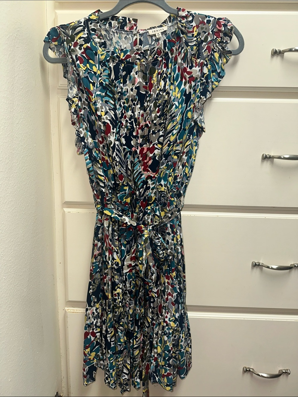 JODIFL Teal Multi Floral Pleated Midi Dress with Belt
